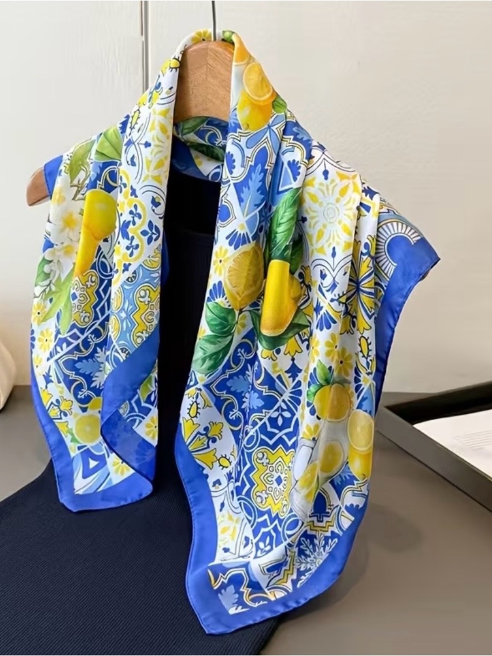 Silk Lemon Tile Print Scarf - Blue & Yellow